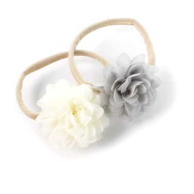 My Lello Baby Girl Rounded Petal Chiffon Flower Nylon Elastic Headbands Set 2pcs - Small - Ivory/Gray