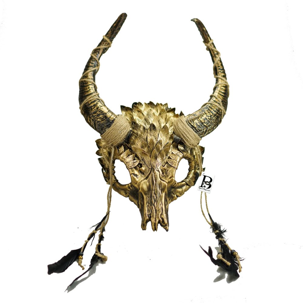 Magical Ram Skull Horns Headpiece Headdress Masquerade Mask Devil Fairy Horns Headband Party Mask Halloween Cosplay Voodoo Fairy Head Wear (Gold)