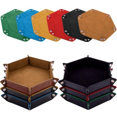 SIQUK 6 Pieces Dice Tray Hexagon Dice Rolling Holder Folding PU Leather Dice Trays for Dice Games Like RPG, DND and Other Table Games(Camel, Black, Red, Yellow, Blue, Green)