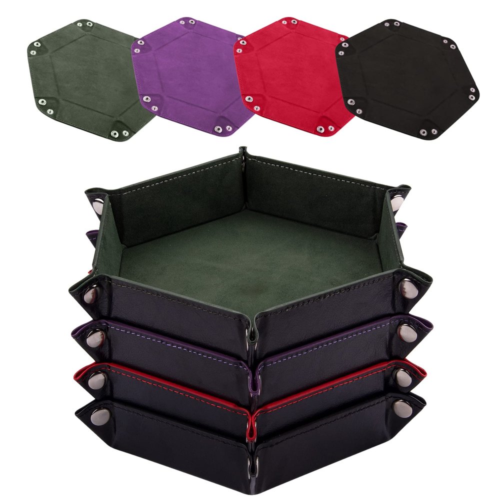 SIQUK 4 Pieces Dice Tray Hexagon Dice Roller Tray Folding PU Leather Dice Trays for Dice Games Like RPG, DND and Other Table Games(Dark Green, Violet, Red, Black)