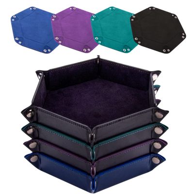 SIQUK 4 Pieces Dice Tray Portable Dice Trays Hexagon Dice Roller Tray PU Leather Rolling Dice Trays for Dice Games Like RPG, DND and Other Table Games (Black, Cyan, Violet, Royal Blue)