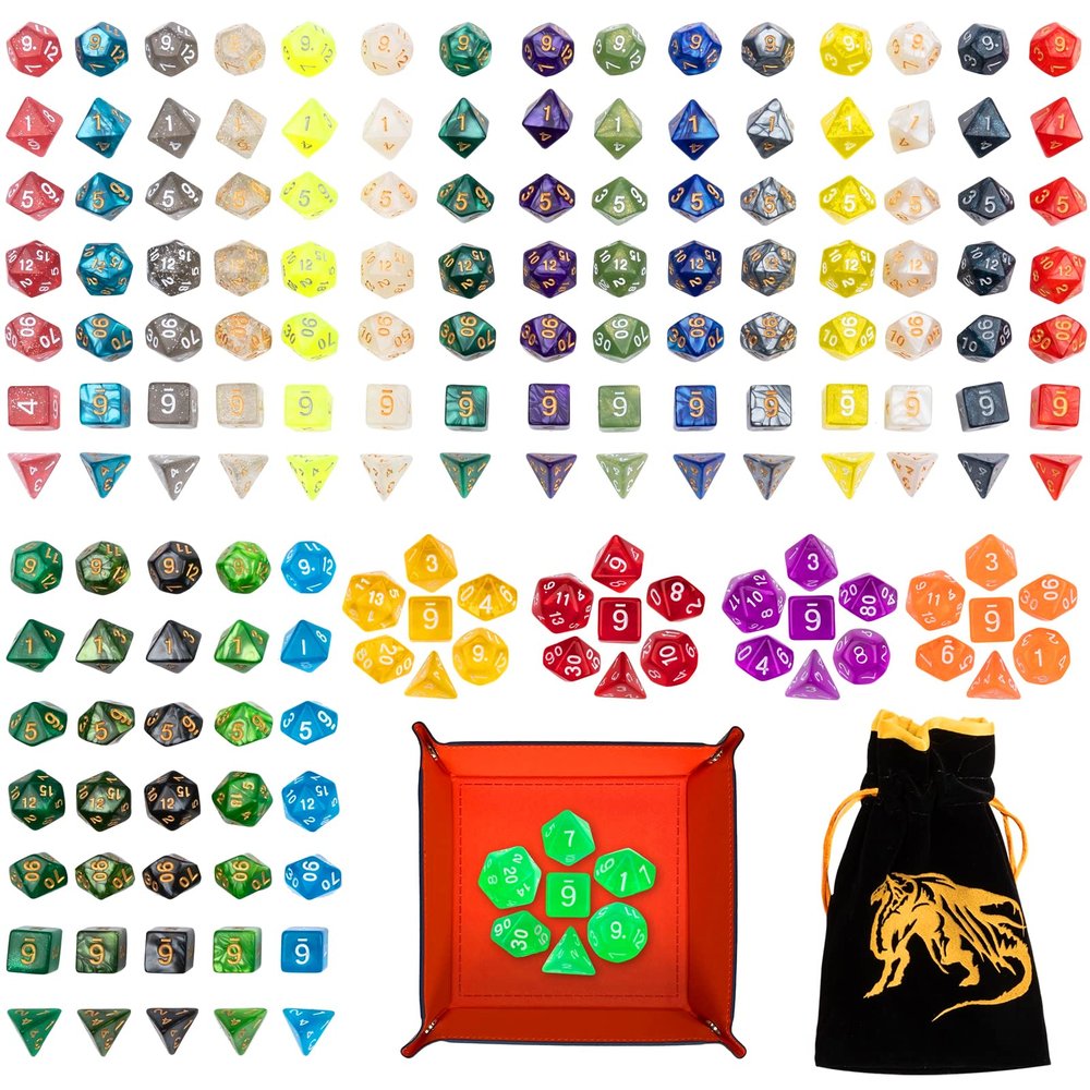 25 Sets DND Dice Polyhedral Dice Dungeons and Dragons Rolling Dice for RPG MTG Table Games Dice Bulk with Free Drawstring Bags and PU Leather D&D Dice Tray (Colored)