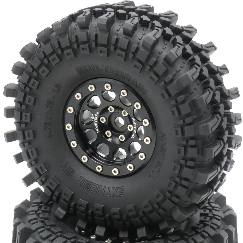 2pcs RC 121mm/4.75inch 1.9 Tires Soft Tyres & Aluminium 1.9 Beadlock Wheels Rims Hex 12mm Black color Fit for SCX10 TRX-4 CC01 Mud Rock Crawler Loose Badland Terrain,(2-Pack, Assembled)