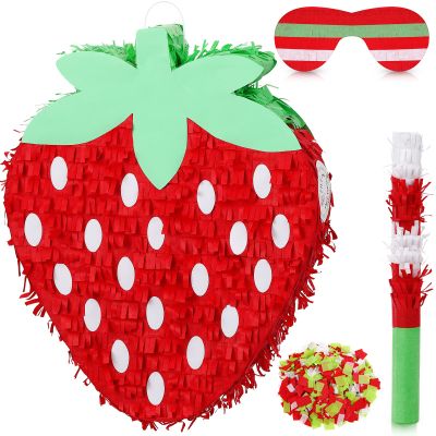 Red Strawberry Piata for Kids Strawberry Birthday Party Decorations Baby Shower Pinata Summer Fruit Animal Themed Party Game Supplies with Blindfold Bat Confetti, 12.6 x 11.8 x 2.4 Inches