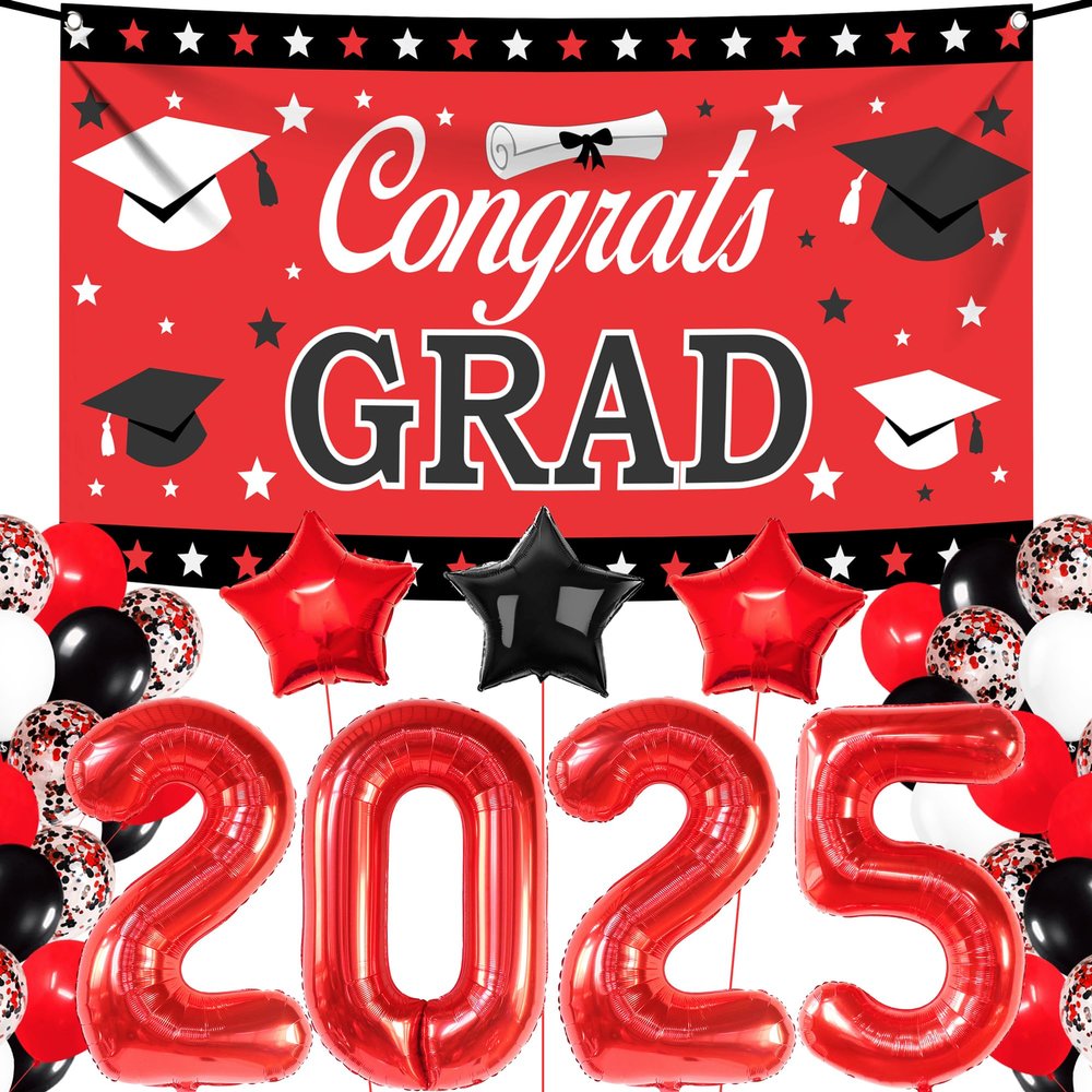 KatchOn, Red and Black Graduation Decorations 2025 Set - Pack of 40 | Red 2025 Balloons, Congrats Grad Banner | Grad Decorations Class of 2025 | Graduation Decorations 2025