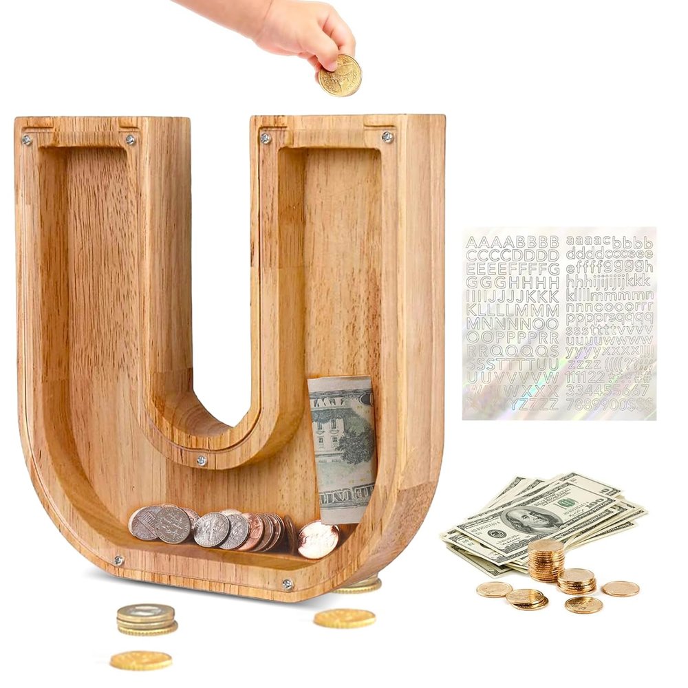 Custom Wooden Piggy Banks, CCHKFEI Coin jar Personalized Piggy Bank Creative 26 Letter DIY Storage Jar Kids Alphabet Coin Bank Savings Piggy Bank Birthday Gift Home Decoration SouvenirU