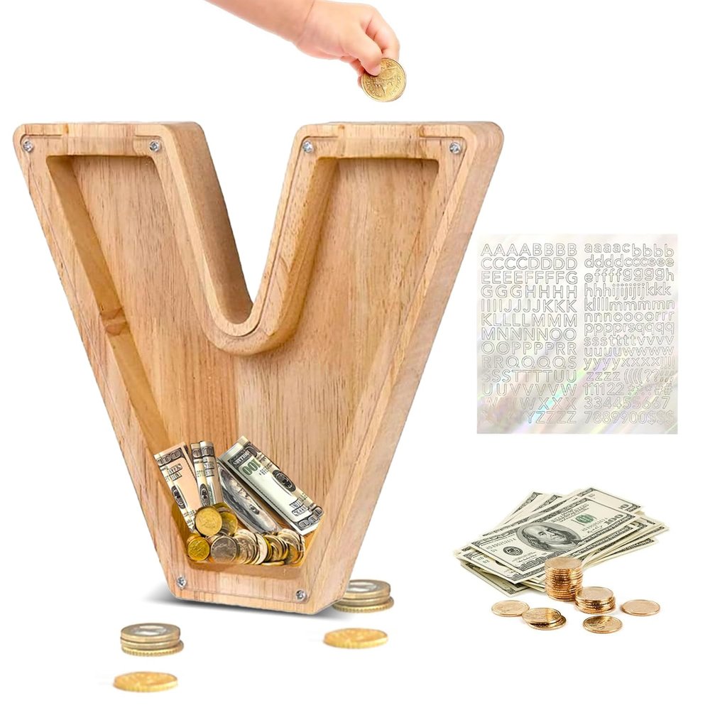 Custom Wooden Piggy Bank, CCHKFEI Coin jar Personalized Piggy Bank Creative 26 Letter DIY Storage Jar Kids Alphabet Coin Bank Birthday Gift Home Decoration Souvenir (V)