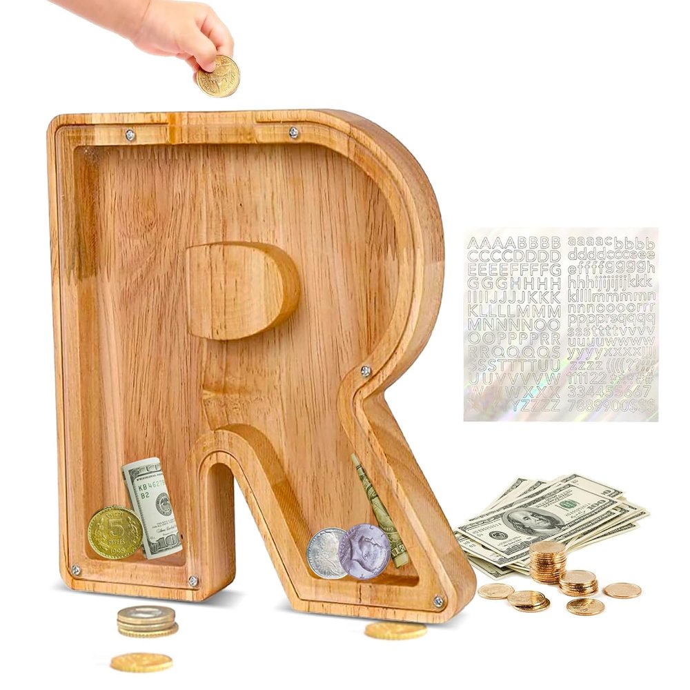 Custom Wooden Piggy Banks, CCHKFEI Coin jar Personalized Piggy Bank Creative 26 Letter DIY Storage Jar Kids Alphabet Coin Bank Savings Piggy Bank Birthday Gift Home Decoration SouvenirR