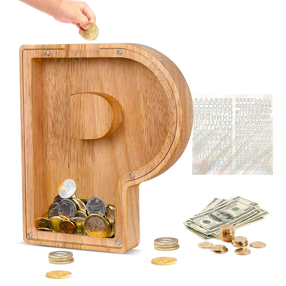 Custom Wooden Piggy Banks, CCHKFEI Coin jar Personalized Piggy Bank Creative 26 Letter DIY Storage Jar Kids Alphabet Coin Bank Savings Piggy Bank Birthday Gift Home Decoration SouvenirP
