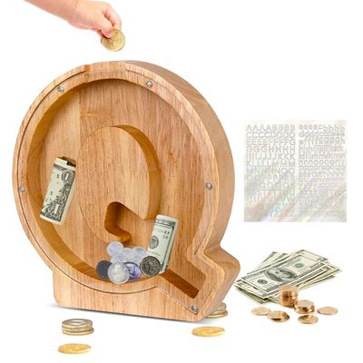 Custom Wooden Piggy Bank, CCHKFEI Coin jar Personalized Piggy Bank Creative 26 Letter DIY Storage Jar Kids Alphabet Coin Bank Birthday Gift Home Decoration Souvenir (Q)