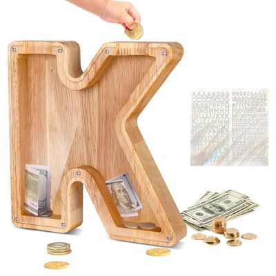Custom Wooden Piggy Banks, CCHKFEI Coin jar Personalized Piggy Bank Creative 26 Letter DIY Storage Jar Kids Alphabet Coin Bank Savings Piggy Bank Birthday Gift Home Decoration Souvenir (K)