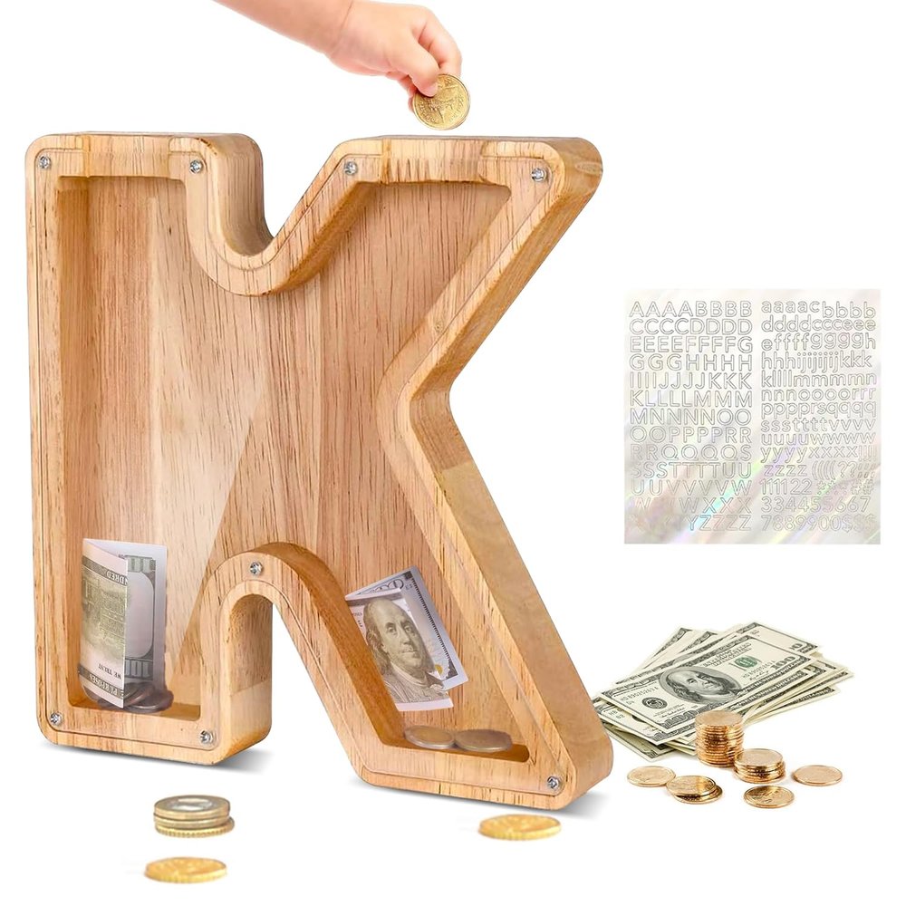 Custom Wooden Piggy Banks, CCHKFEI Coin jar Personalized Piggy Bank Creative 26 Letter DIY Storage Jar Kids Alphabet Coin Bank Savings Piggy Bank Birthday Gift Home Decoration Souvenir (K)