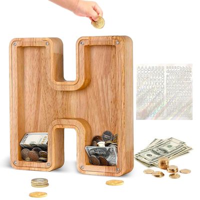 Custom Wooden Piggy Banks, CCHKFEI Coin jar Personalized Piggy Bank Creative 26 Letter DIY Storage Jar Kids Alphabet Coin Bank Savings Piggy Bank Birthday Gift Home Decoration Souvenir (H)