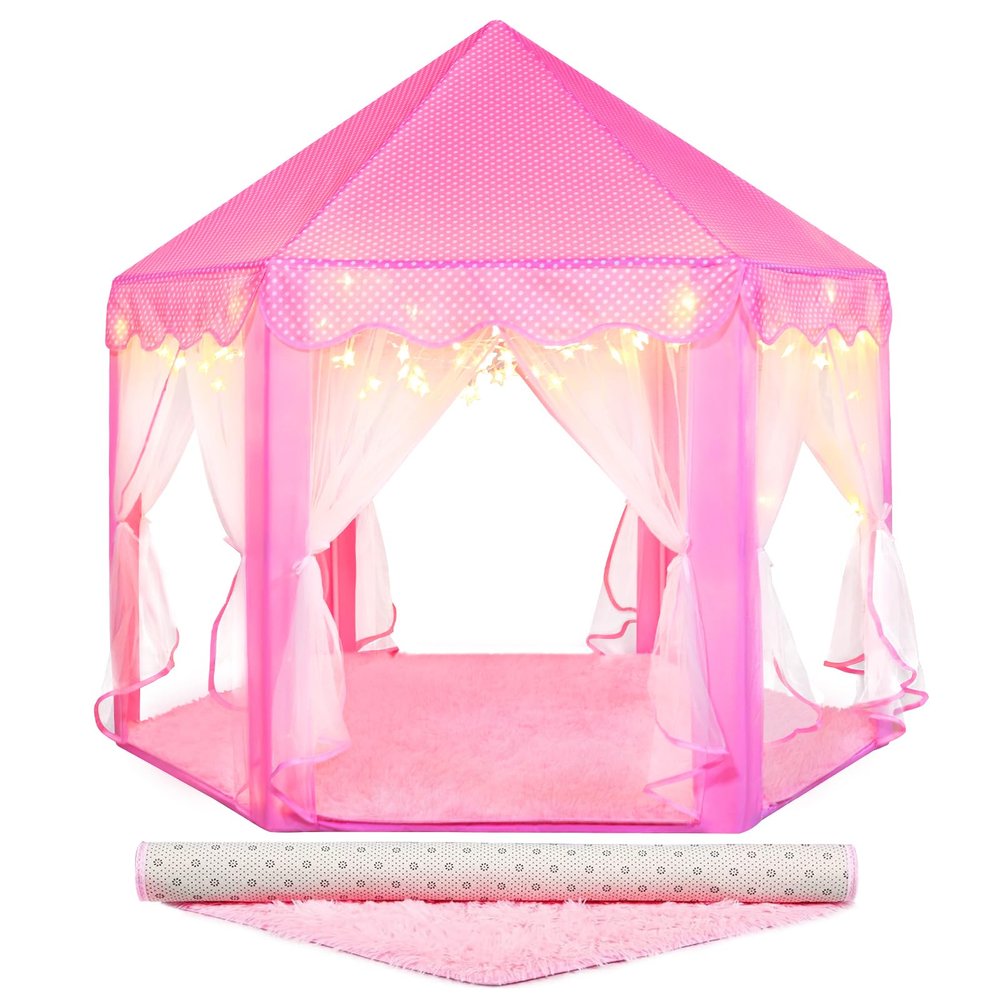 Senodeer Princess Tent for Girls Indoor: with Rug, Star Lights - Pink Play Tent for Kids, Girls Toys for Indoor and Outdoor Games, Princess Castle Playhouse