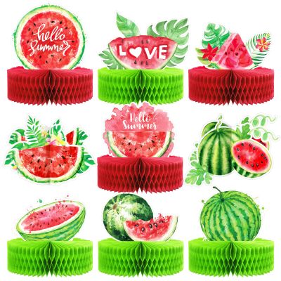 9 Pcs Watermelon Party Decorations Summer Fruit Honeycomb Centerpiece Supplies 3D Watermelon Birthday Table Decorations for Baby Shower Summer Photo Props