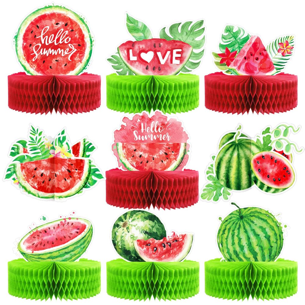 9 Pcs Watermelon Party Decorations Summer Fruit Honeycomb Centerpiece Supplies 3D Watermelon Birthday Table Decorations for Baby Shower Summer Photo Props