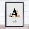 New Baby Birth Details Nursery Jungle Animals Initial A Keepsake Gift Print view 1