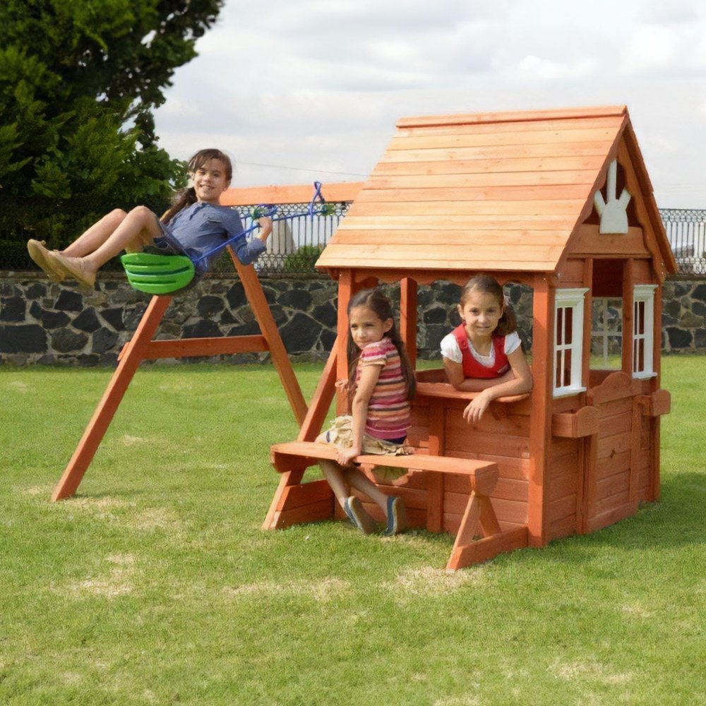 Sportspower Swing and Play Wooden Playhouse for Kids, Outdoor Backyard Playhouse with Swing, Picnic Bench, Working Door, Flower Boxes & Wooden Roof, Ages 38