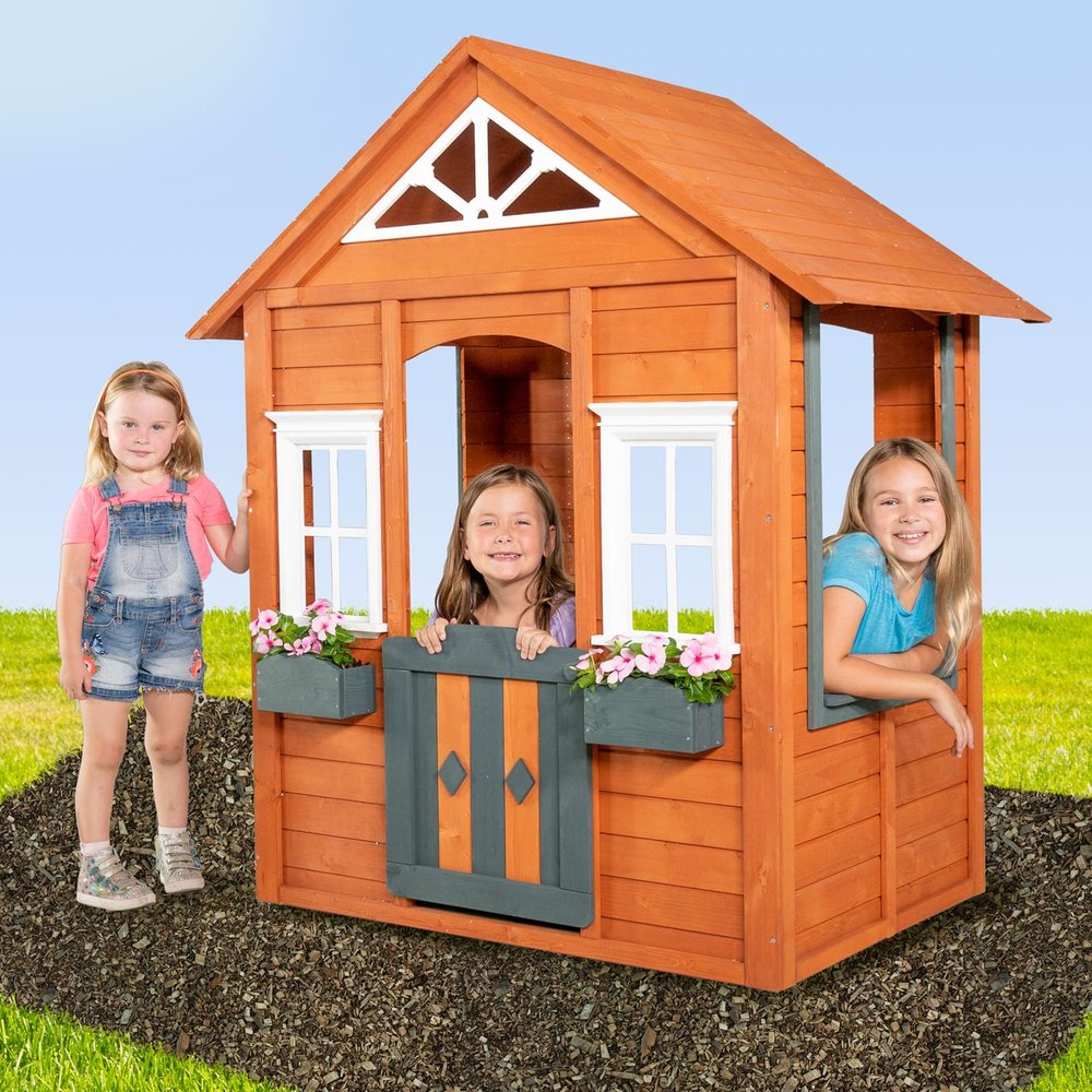 Sportspower Woodbridge Wooden Playhouse for Kids, Outdoor Backyard Playhouse with Working Door, Windows & Flowerpot Holders, Ages 38, Durable Finland Wood, Red