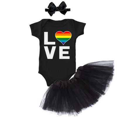 Tcombo LOVE - Rainbow Heart LGBTQ Pride Baby Bodysuit + Tutu Skirt + Bow Headband Set (Black Bodysuit/Black Tutu, 18 Months)