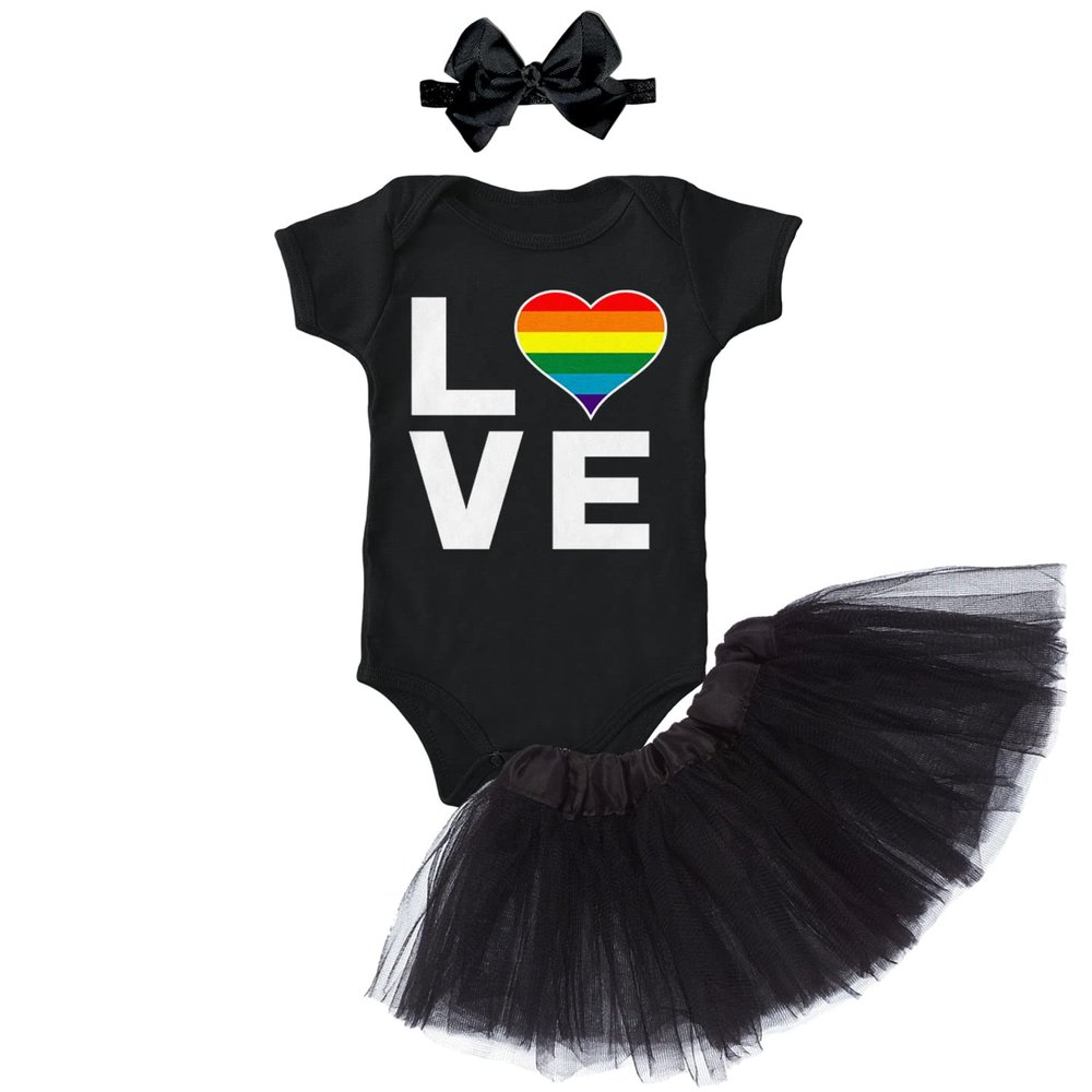Tcombo LOVE - Rainbow Heart LGBTQ Pride Baby Bodysuit + Tutu Skirt + Bow Headband Set (Black Bodysuit/Black Tutu, 18 Months)