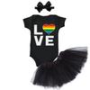 Tcombo LOVE - Rainbow Heart LGBTQ Pride Baby Bodysuit + Tutu Skirt + Bow Headband Set (Black Bodysuit/Black Tutu, 18 Months) view 1