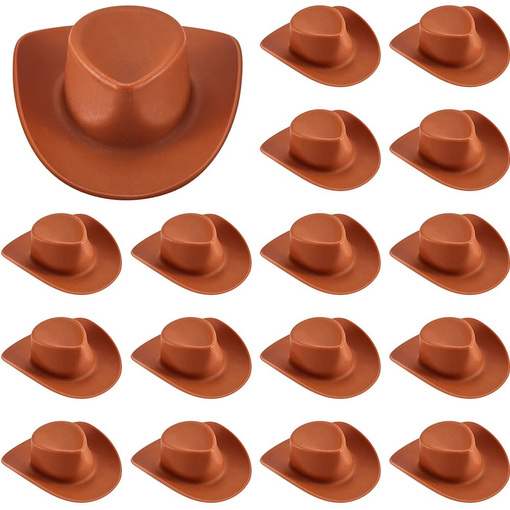 Skylety 20 Pieces Plastic Mini Cowboy Cowgirl Hat Miniature Western Small Doll Hat Cute Doll Cupcake Decoration for Dollhouse Cow Party Decoration(Brown)
