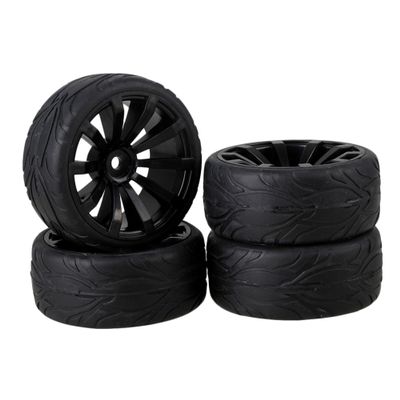 Mxfans 4 Pieces RC1:10 Rubber Tyres with Plastic Rims Black Kit for On Road Car