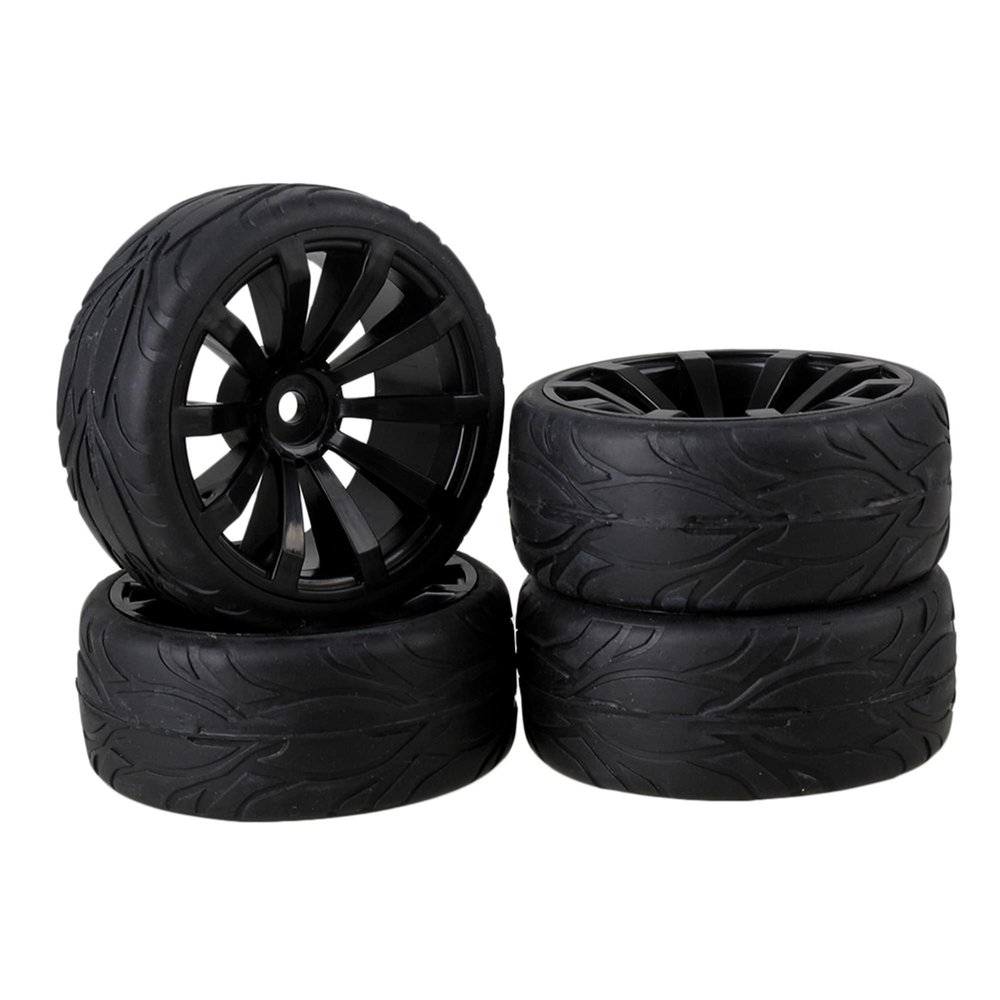 Mxfans 4 Pieces RC1:10 Rubber Tyres with Plastic Rims Black Kit for On Road Car