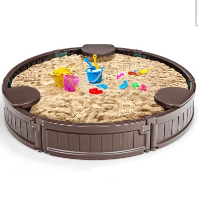 Costzon 4FT Round Sandbox, Outdoor Sand Box Kit w/Waterproof Cover, Bottom Liner & Built-in Corner Seating, Accommodate for 3 Kids, Easy Assembly, Sand Pit for Backyard Beach (Round)