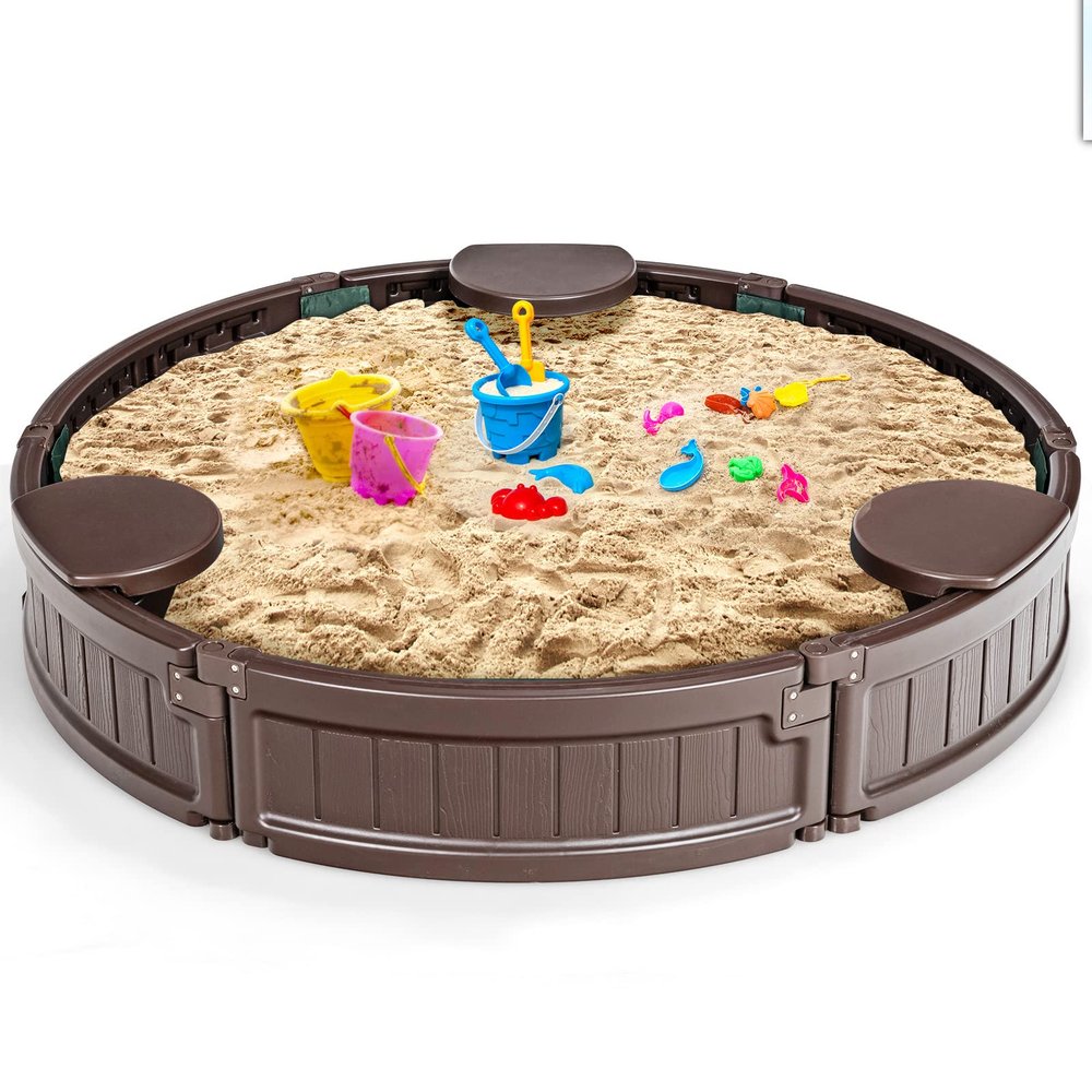 Costzon 4FT Round Sandbox, Outdoor Sand Box Kit w/Waterproof Cover, Bottom Liner & Built-in Corner Seating, Accommodate for 3 Kids, Easy Assembly, Sand Pit for Backyard Beach (Round)