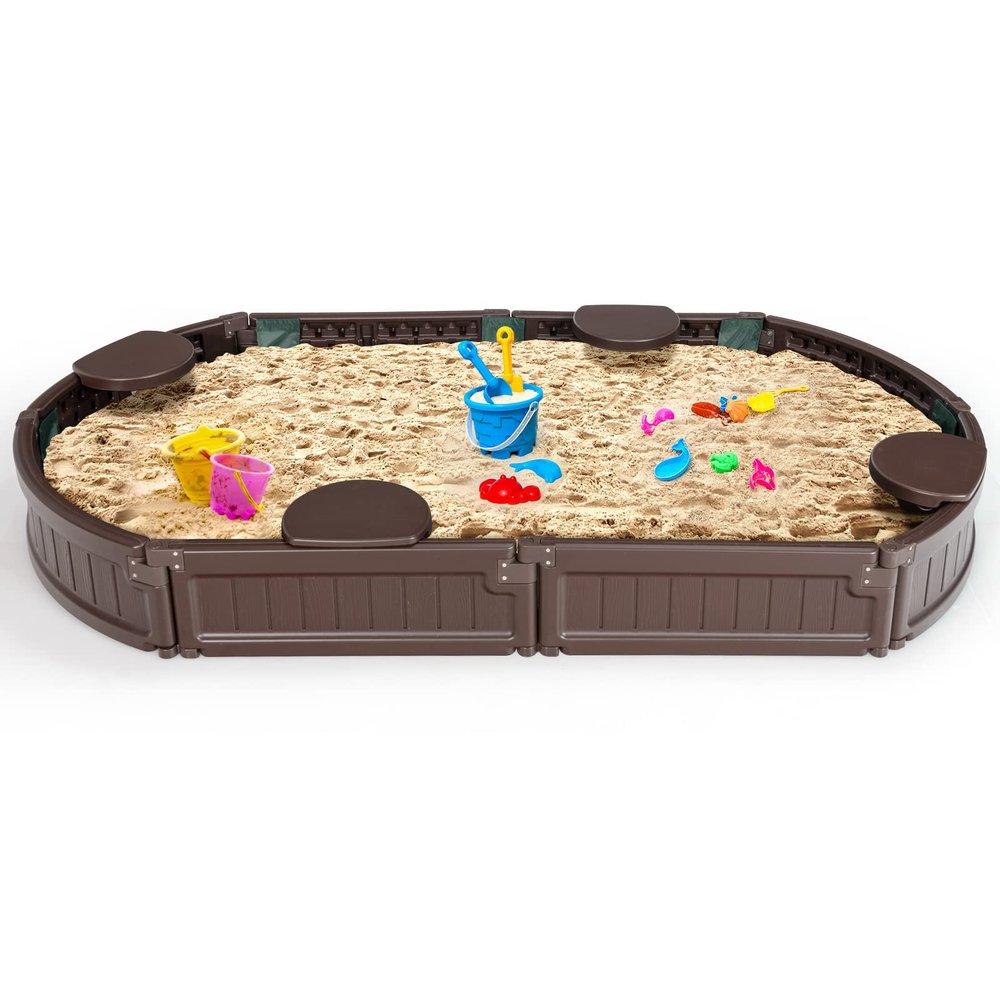 Costzon 6FT Elliptical Sandbox, Outdoor Sand Box Kit w/Waterproof Cover, Bottom Liner & Built-in Corner Seating, Accommodate for 4 Kids, Easy Assembly, Sand Pit for Backyard Beach(Elliptical)