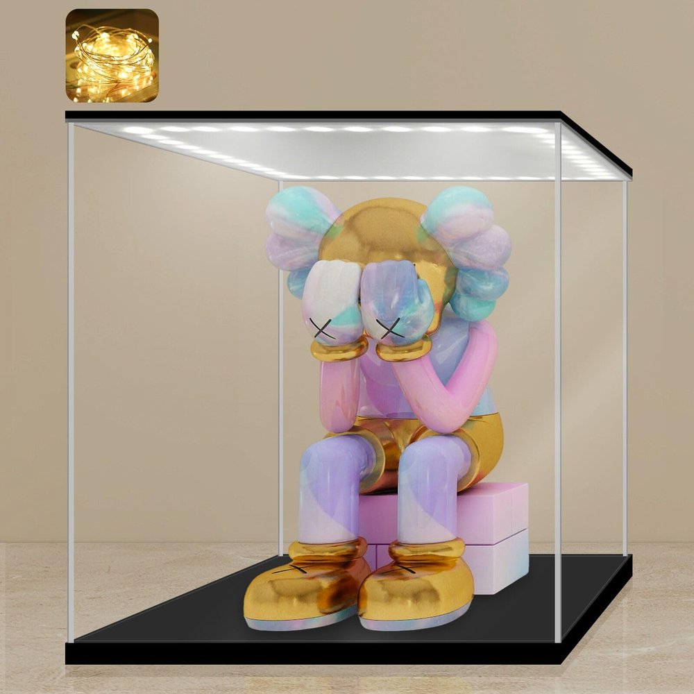 LANSCOERY Acrylic Display Case with Adjustable Yellow/White/Warm LED Light, UV Protection Clear Display Box, Dustproof Showcase for Action Figures, Models, Collectibles - 9.8x9.8x9.8inch