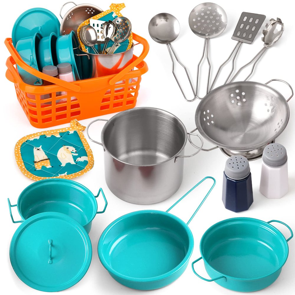 Veitch fairytales Kids Play Kitchen Toy Accessories Set Toddler Cooking Playset for Girls Boys Including Colorful Pots and Pans (Green)