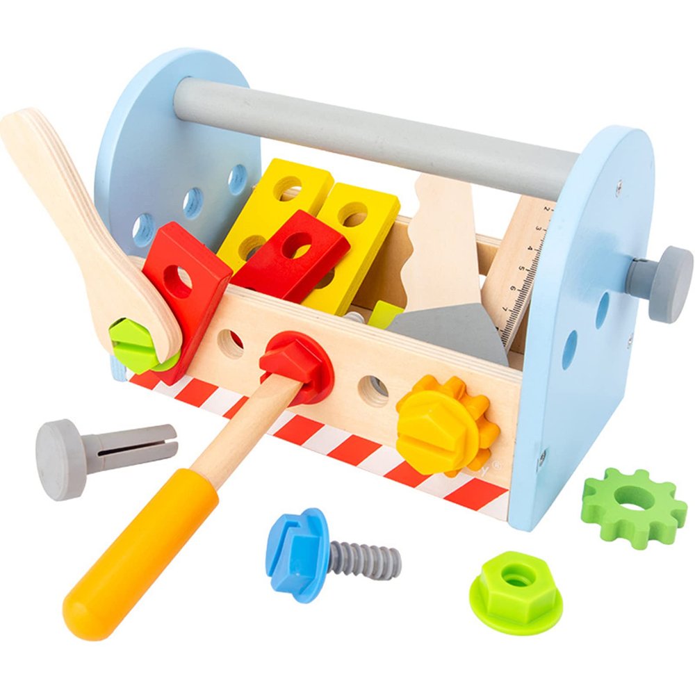ink2055 1Set Wooden Tool Box Multi-Functional Wear- Role Play Screws Tool Toys for Gift Light Blue