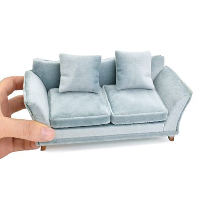 iLAND Dollhouse Couch, Modern Dollhouse Furniture on 1/12 Scale, Miniature Sofa for Dollhouse Living Room (Light Sky Blue Velvet)