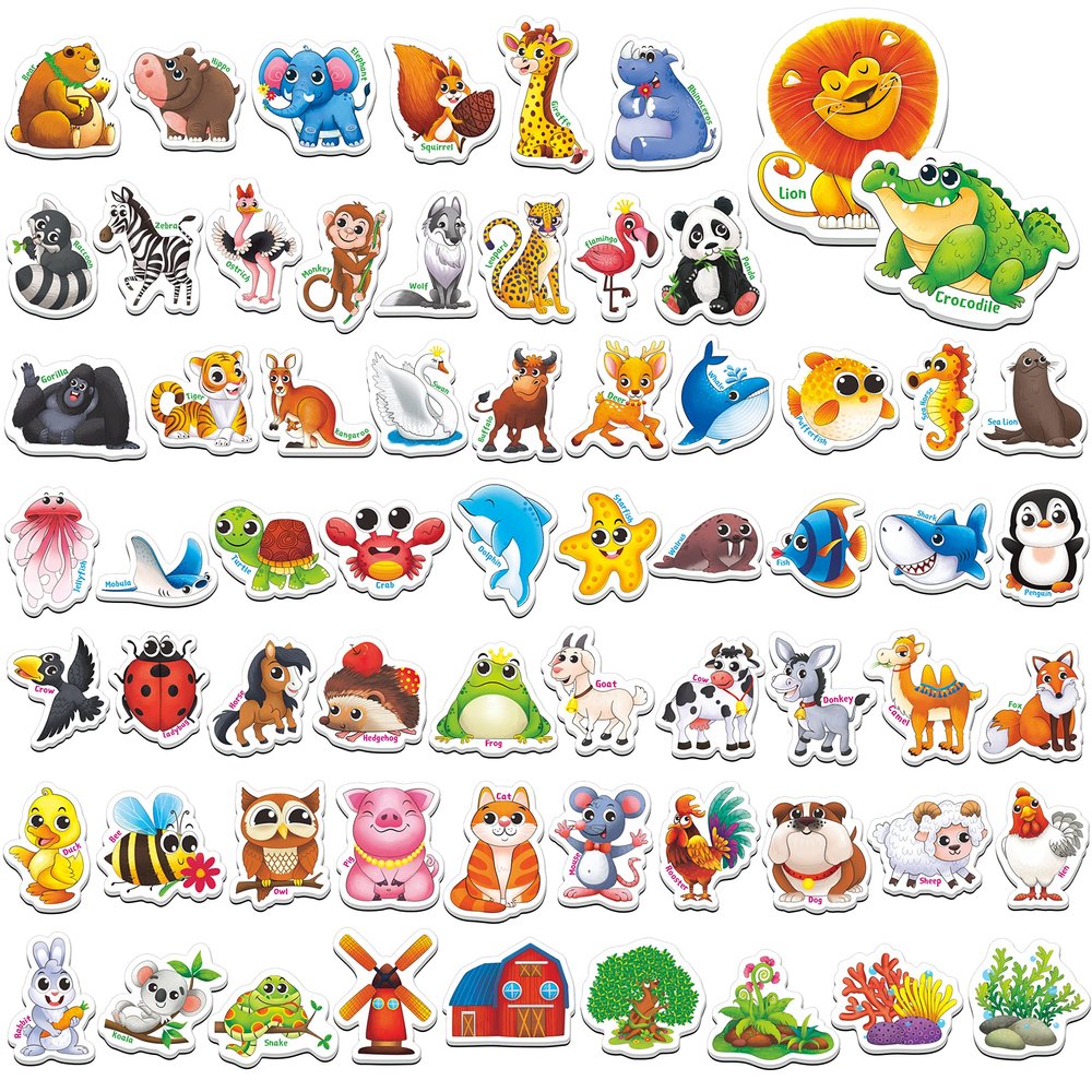 65 PCS Adorable Magnetic Animal Fridge Magnets - Wild, Farm & Marine Animals - Thickened Cardstock Refrigerator Magnets - Cute Educational Learning Toys for Kids 3+