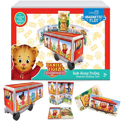 CreateOn Daniel Tigers Neighborhood: Neighborhood Trolley Magnetic Tiles Structure Set, Building Toys for Kids, Educational Stem & Montessori Tools for Ages 3+, 15 Pieces