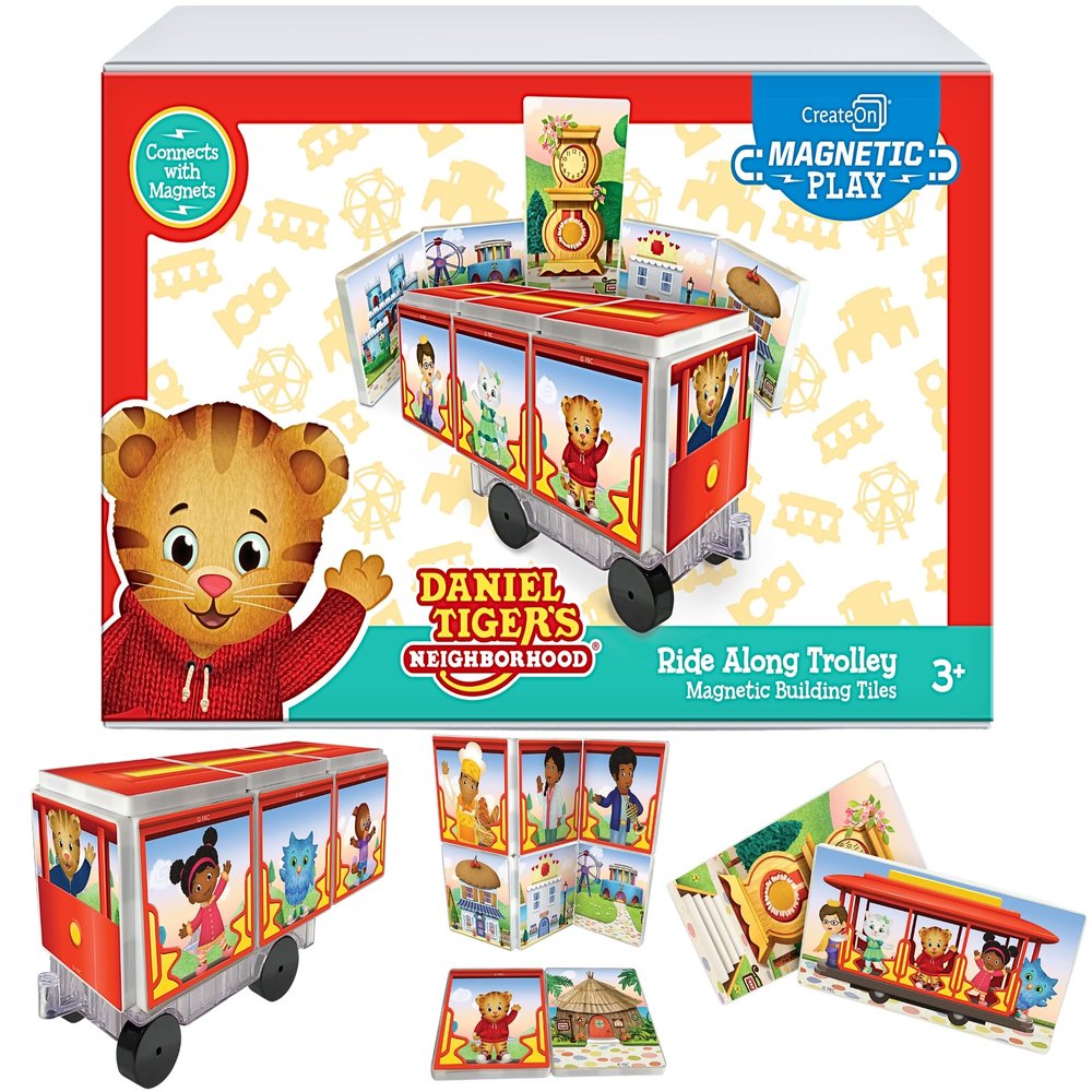 CreateOn Daniel Tigers Neighborhood: Neighborhood Trolley Magnetic Tiles Structure Set, Building Toys for Kids, Educational Stem & Montessori Tools for Ages 3+, 15 Pieces