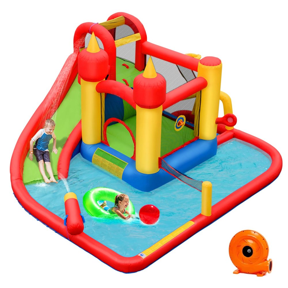 HONEY JOY Inflatable Water Slide, 7 in 1 Toddler Giant Blow Up Bouncy Water Park w/Splash Pool, Outdoor Water Bounce House Water Slides Inflatables for Kids and Adults Backyard(with 740w Blower)