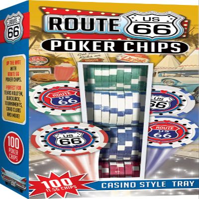 Masterpieces Casino - Route 66-100 Piece Poker Chip Set with Tray - Premium Quality, Educational, and Fun Activity for Kids and Families - Great Gift Idea for Holidays, Birthdays, and Everyday Use