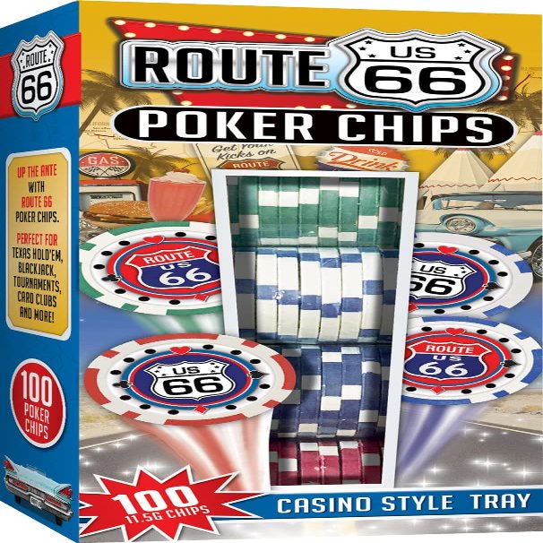 Masterpieces Casino - Route 66-100 Piece Poker Chip Set with Tray - Premium Quality, Educational, and Fun Activity for Kids and Families - Great Gift Idea for Holidays, Birthdays, and Everyday Use