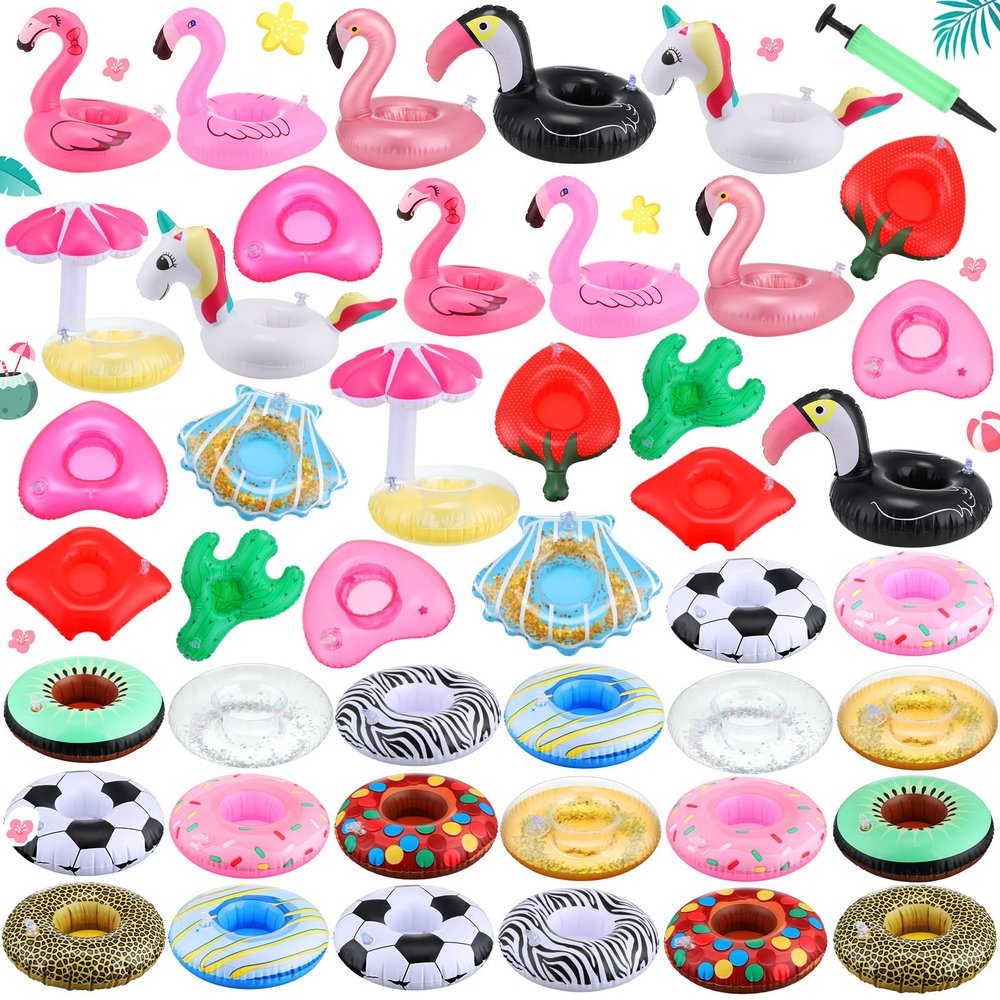 Sawysine 42 Pack Inflatable Drink Holders for Pool Swimming Pool Drink Floats Floating Cup Holder for Pool Inflatable Cup Coasters with Plastic Air Hand Pump for Party Adults