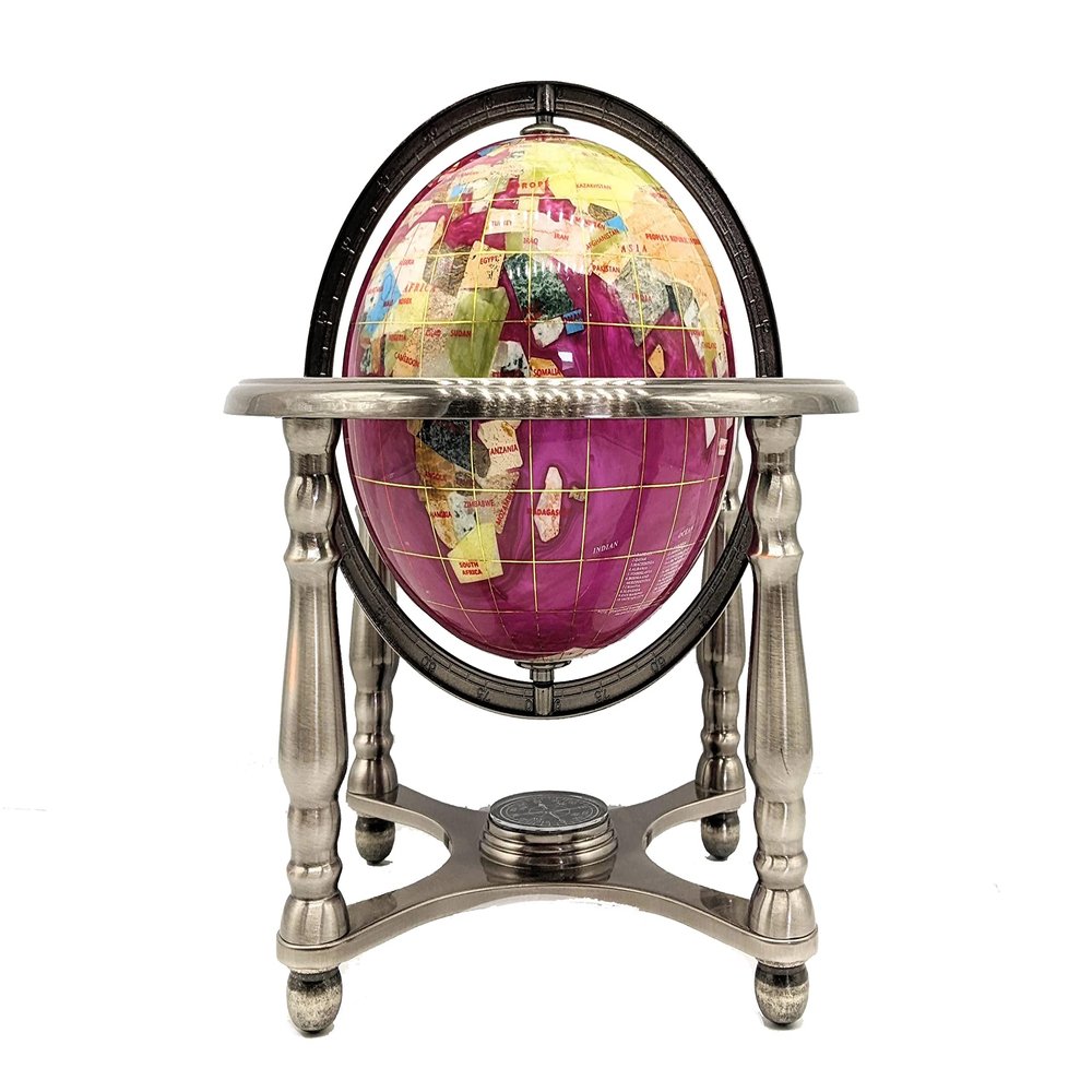 Unique Art 10-Inch Tall Table Top Pink Pearl Swirl Ocean Gemstone World Globe with 4 Leg Zinc Alloy Stand (150 PINK SILVER)