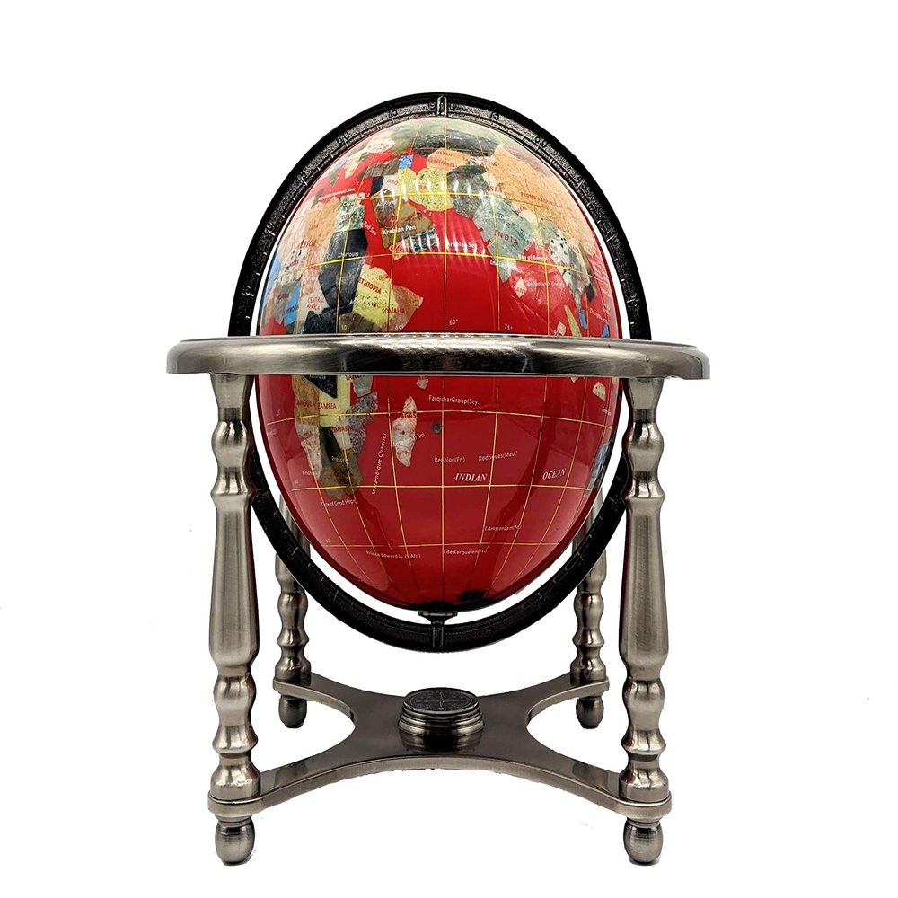 Unique Art 10-Inch Tall Table Top Red Ocean Gemstone World Globe with Zinc Alloy Stand (220 RED SILVER)