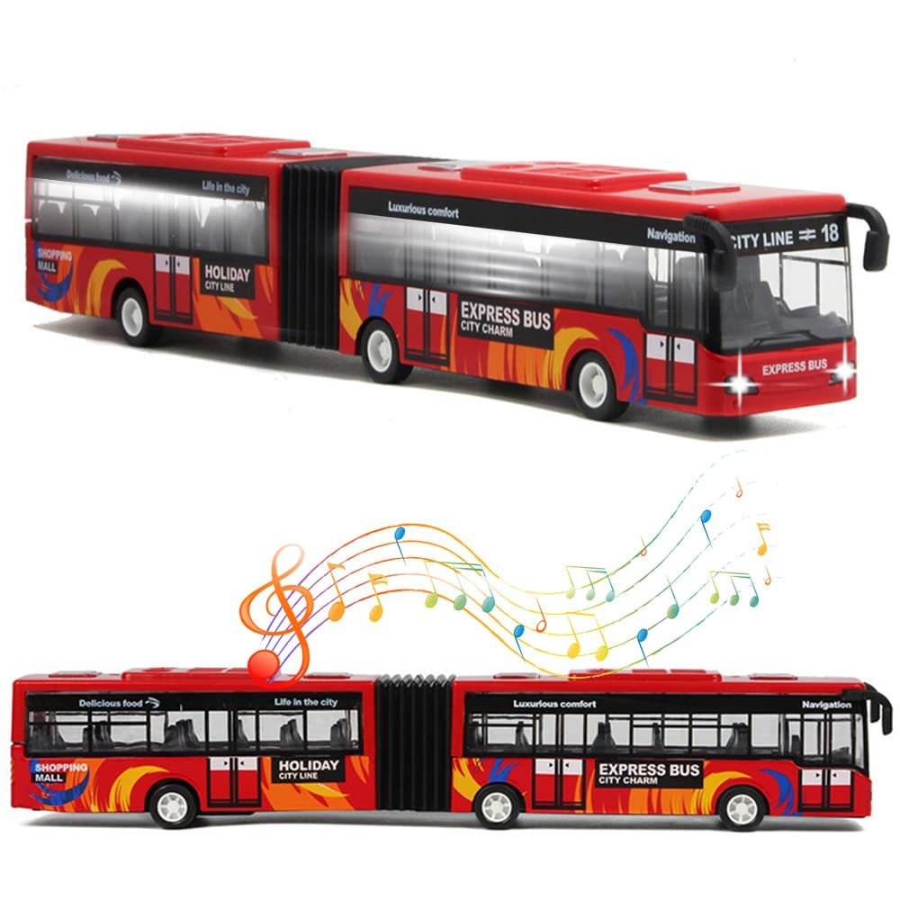 Crelloci City Bus Toy for Kids, Die Cast Alloy Pull Back Vehicles, Metro Articulated Electric Bus with Sounds and Lights, Model Cars Toys Educational Gift for Kids Boys Girls Ages 3+