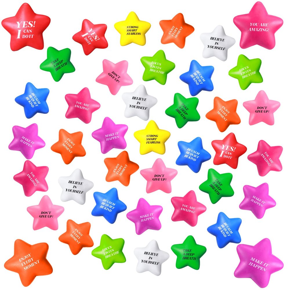 Sotiff 100 Pack Star Stress Balls Bulk Stress Relief Balls with Motivational Quotes Mini Inspirational Foam Party Favors Gifts for Kids Adults Anger Fidget Relief Exercise(Bright Colors)
