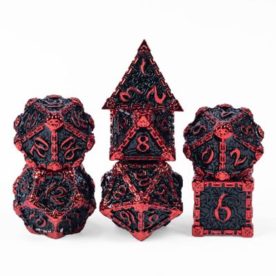 Cusdie 7Pcs Metal Dice with Metal Box, Dagger Design Polyhedral DND Dice Set, for Role Playing Game D&D Dice (Black with Red Font)