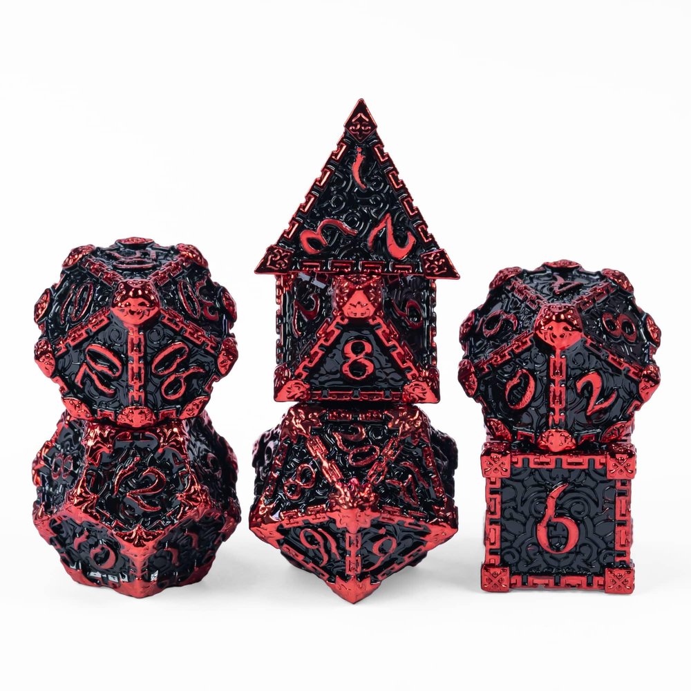 Cusdie 7Pcs Metal Dice with Metal Box, Dagger Design Polyhedral DND Dice Set, for Role Playing Game D&D Dice (Black with Red Font)