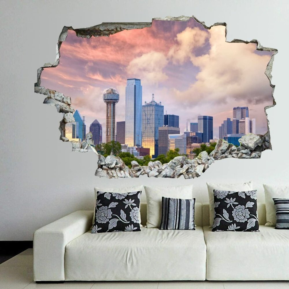 3D Broken Wall Stickers Stickers Dallas City Skyline at Sunset, Texas, USA 36 x 24 Inch Removable Wall Decal, Peel and Stick Landscape Wall Decor for Bedroom Living Room, Mural Art for Kids Boys Girl
